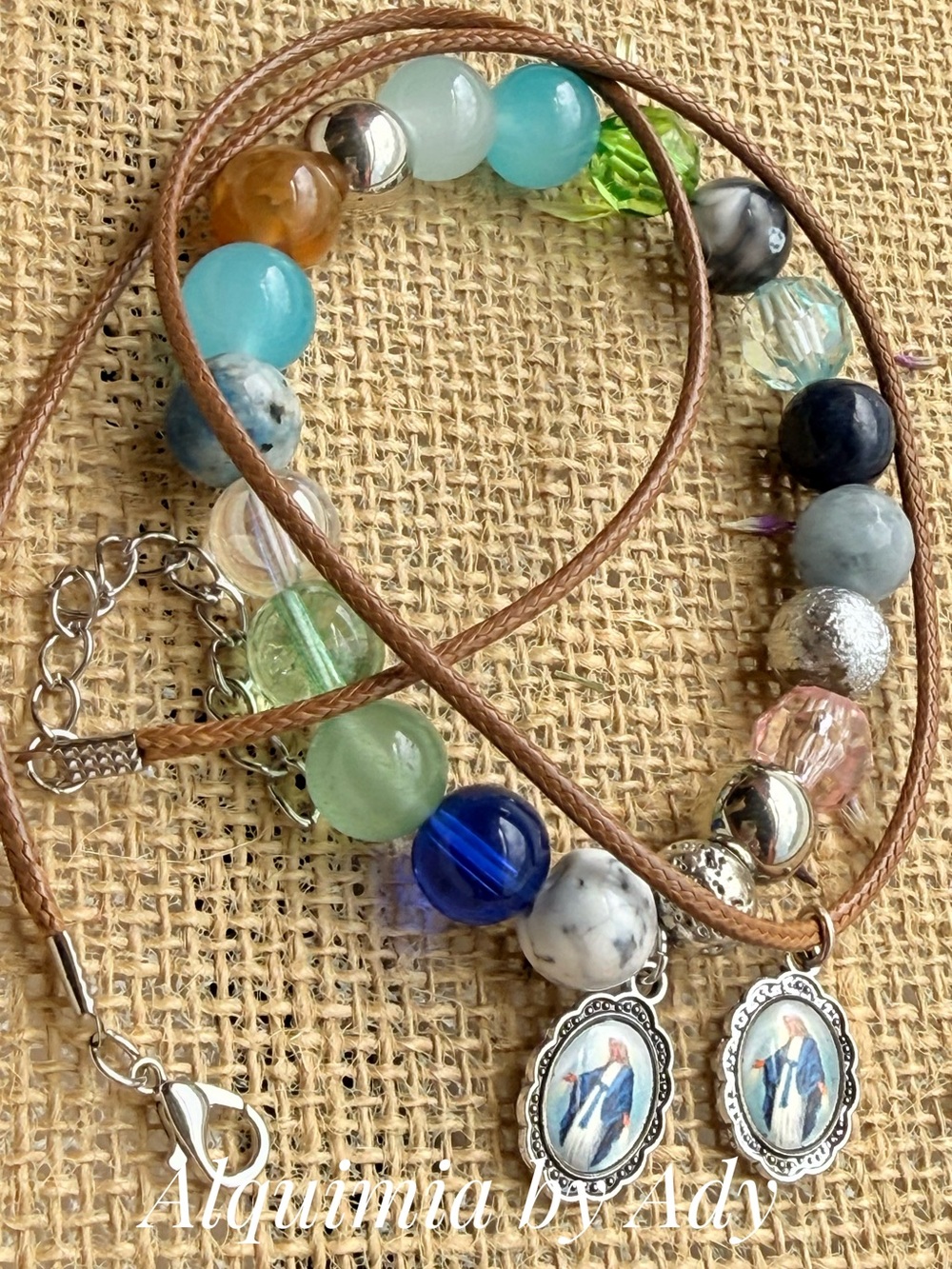 Multicolor Gemstone Beaded bracelet + Necklace with Religious Charms